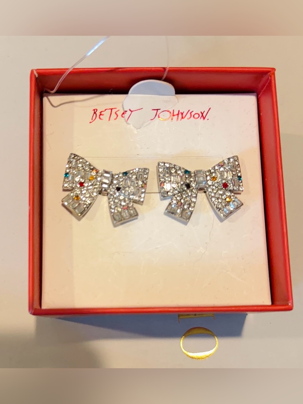 Betsey Johnson Silver Bow Crystal Stud Earrings - Multicolor Accents